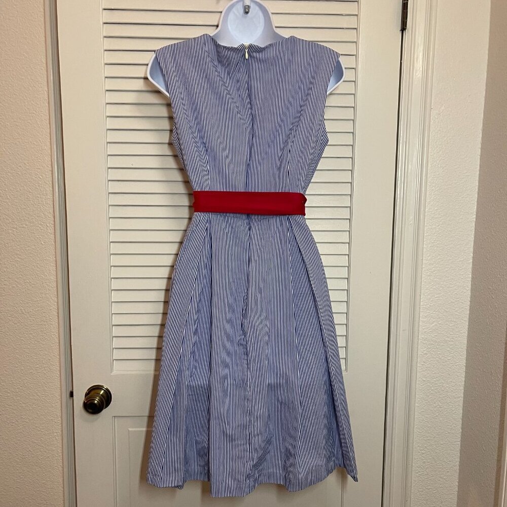 Chetta B Nautical Pinstripe Fit & Flare Dress Red Sash Size 6 - Picture 4 of 10